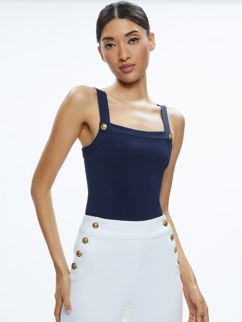 Alice + Olivia Navy Knit Crop Top Gold Button Straps XS/S Fitted Nautical Chic